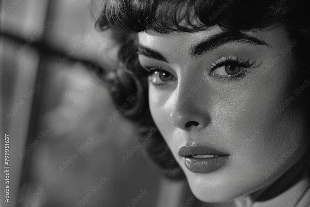 Naklejka premium Portrait of lovely pretty young woman in black white style from 1980s generative AI
