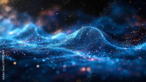Abstract blue particle waves with bokeh lights