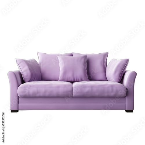 3D rendering of a soft purple sofa with four pillows on a white background