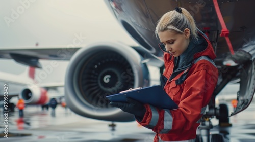 A female aviation engineer in a red jacket inspecting documents near an airplane turbine on a cloudy day.