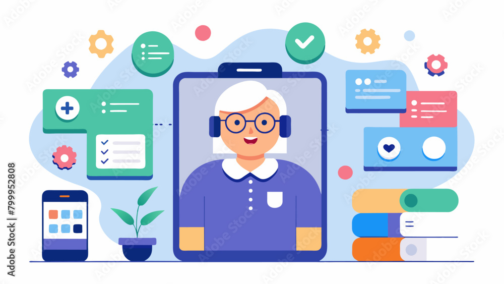 A virtual assistant app that helps a person with exeive function impairments manage their daily tasks schedule and medication reminders.. Vector illustration A virtual assistant app that helps a person with exeive function impairments manage their daily tasks schedule and medication reminders.. Vector illustration