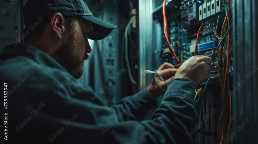 Obraz premium electrician man repairing wiring worker