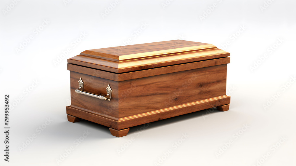 Elegant Wooden Casket with Polished Brass Handles Isolated Elegant Wooden Casket with Polished Brass Handles Isolated