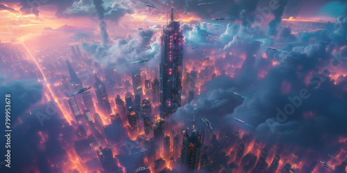 Satellite shot of a cloud covered cyber punk metropolis, cityscape with skyscrapers and a massive tower at the center, wide