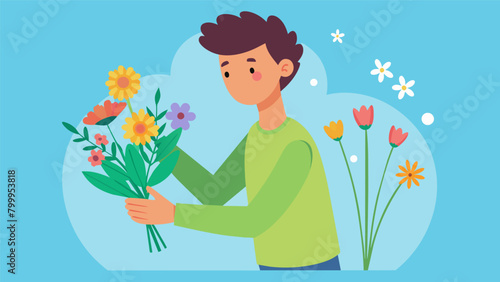 A teenager enthusiastically arranging a bouquet of wildflowers discovering a new hobby that brings him peace and satisfaction..