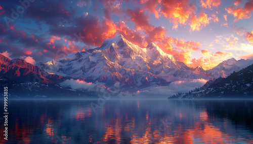 Picture of reflective calm waters beside a massive mountain covered with snow, light clouds overhead while the sun is rising, wide photo