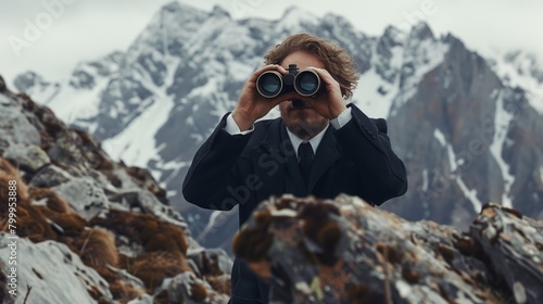 A mature man in a suit using binoculars in a rocky mountain setting, looking for something. photo