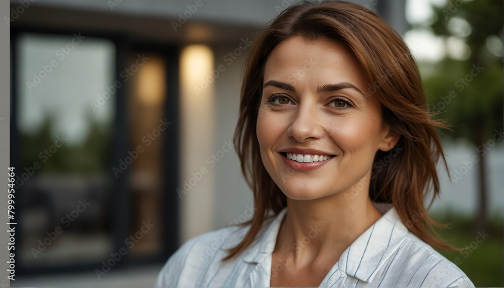 middleaged woman smiling looking at camera portrait with modern luxury house background from Generative AI