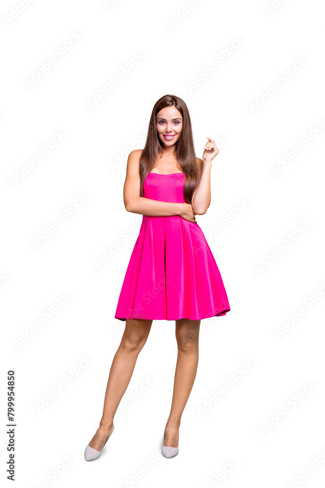 Full length size body vertical picture of young straight-haired nice tender brunette smiling girl, wearing pink mini short dress. Isolated over bright vivid teal turquoise background Full length size body vertical picture of young straight-haired nice tender brunette smiling girl, wearing pink mini short dress. Isolated over bright vivid teal turquoise background