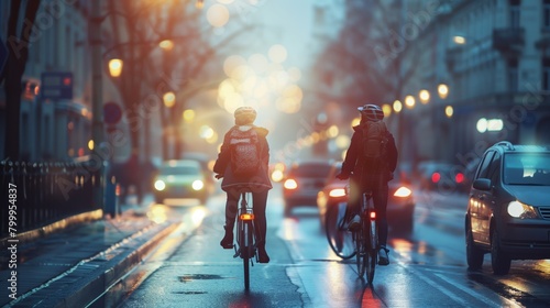 Cyclists riding in a city street at dusk, beautifully illuminated by street lights and bokeh effects. © Natalia