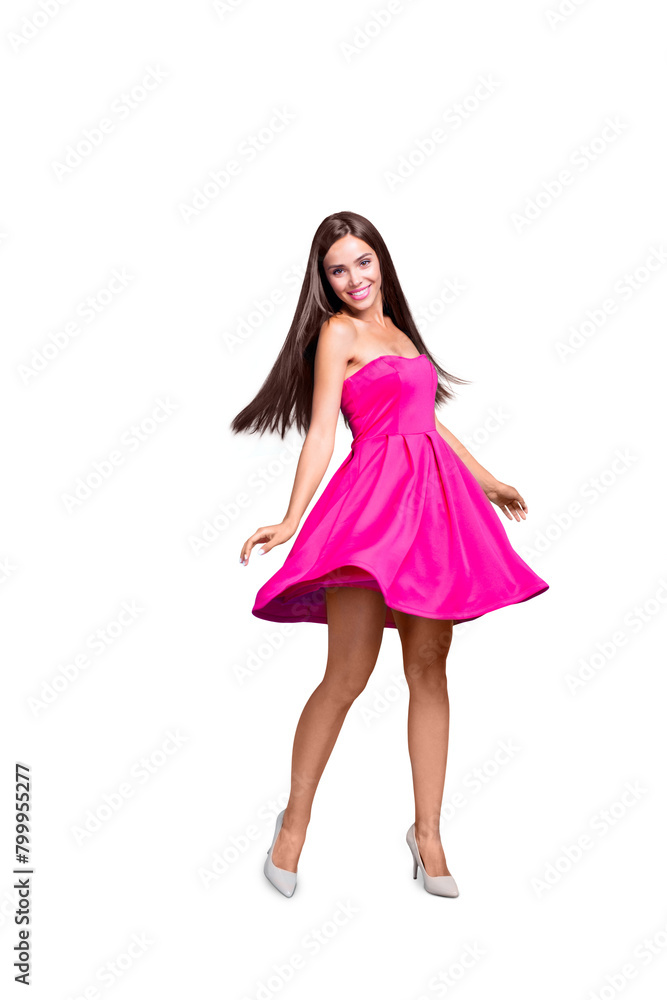 Full size length vertical studio photo portrait of cute lovely sweet adorable magnificent lady moving jumping isolated on bright vivid shine background Full size length vertical studio photo portrait of cute lovely sweet adorable magnificent lady moving jumping isolated on bright vivid shine background