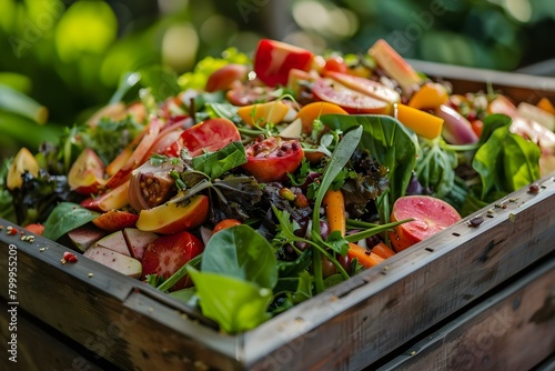 Visual Representation of a Full Compost Bin Overflowing with Fruit and Vegetable Scraps. Concept Compost Bin, Overflowing Scraps, Fruits, Vegetables, Full Bin