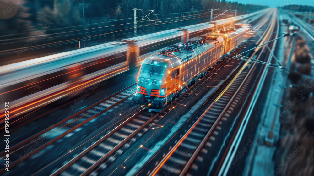 Speeding train captured with motion blur, highlighting the dynamics of modern railway transportation at dusk. High-Speed Train in Motion on Railway at Dusk
Speeding train captured with motion blur, highlighting the dynamics of modern railway transportation at dusk. High-Speed Train in Motion on Railway at Dusk