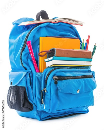 School Isolated. Bright Backpack with Stationery on White Background