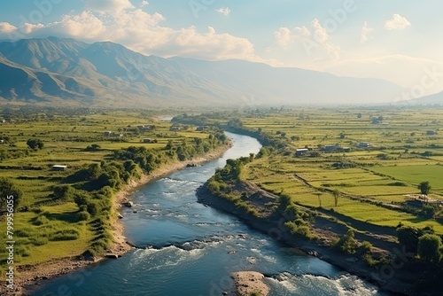 Landscape of Iraq. River with a green valley. The water is clear and calm. The trees along the river are tall and lush. Aerial drone view. Generative AI Art. Beautiful view.