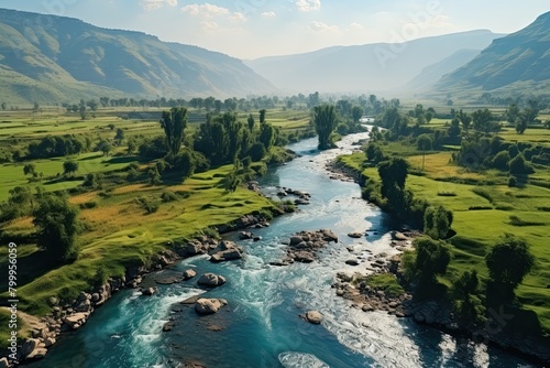 Landscape of Iraq. River with a green valley. The water is clear and calm. The trees along the river are tall and lush. Aerial drone view. Generative AI Art. Beautiful view.