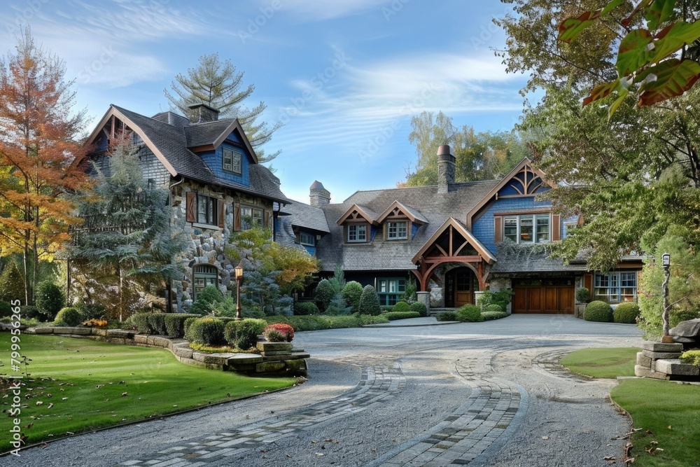 Outside A Home. American Big Traditional Home with Blue and Brown Design and Driveway Entrance
