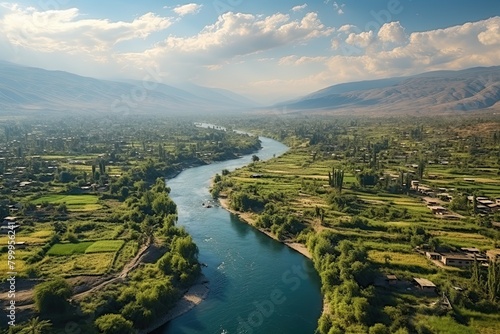 Landscape of Iraq. River with a green valley. The water is clear and calm. The trees along the river are tall and lush. Aerial drone view. Generative AI Art. Beautiful view.
