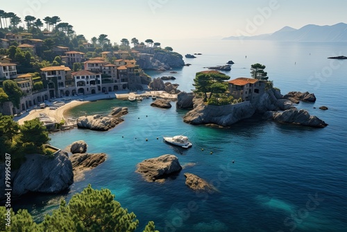 Nature of Italy. Beautiful beach with a small town in the background. The water is calm and clear. The beach is surrounded by rocks and there are several boats in the water. Generative AI Art.