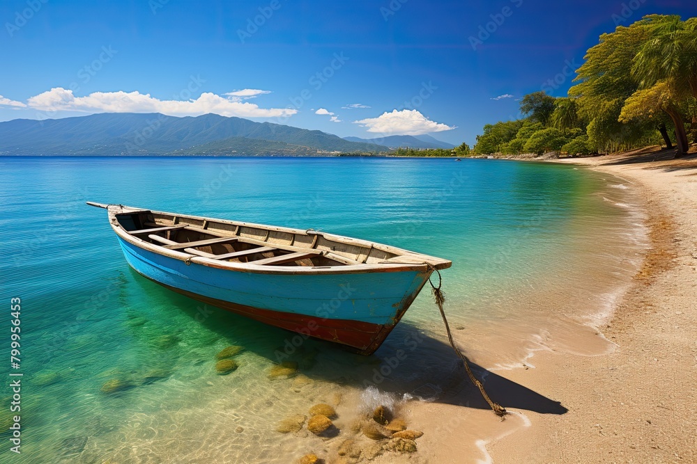 Nature of Jamaica. Boat off the shore. Clear and blue water. Mountains in the background. Generative AI Art. Beautiful view.