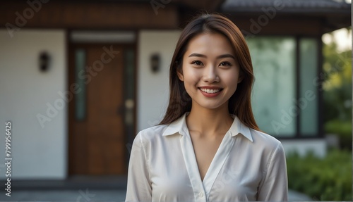 asian woman smiling looking at camera portrait with modern luxury house background from Generative AI