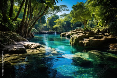 Nature of Jamaica. River with crystal clear blue water in the jungle. Sky is blue. Generative AI Art.