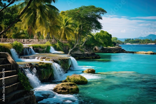 Nature of Jamaica. Beautiful beach with a waterfall and a body of water. The waterfall is surrounded by rocks and the water is calm. Generative AI Art.