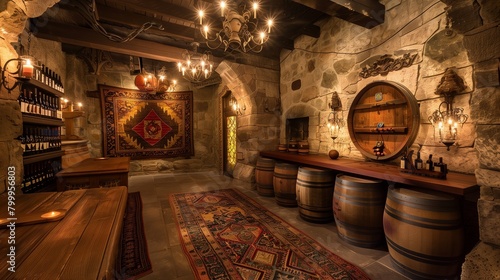 Gothic castle-inspired wine tasting room with stone walls, medieval tapestries, and candlelit ambiance. photo
