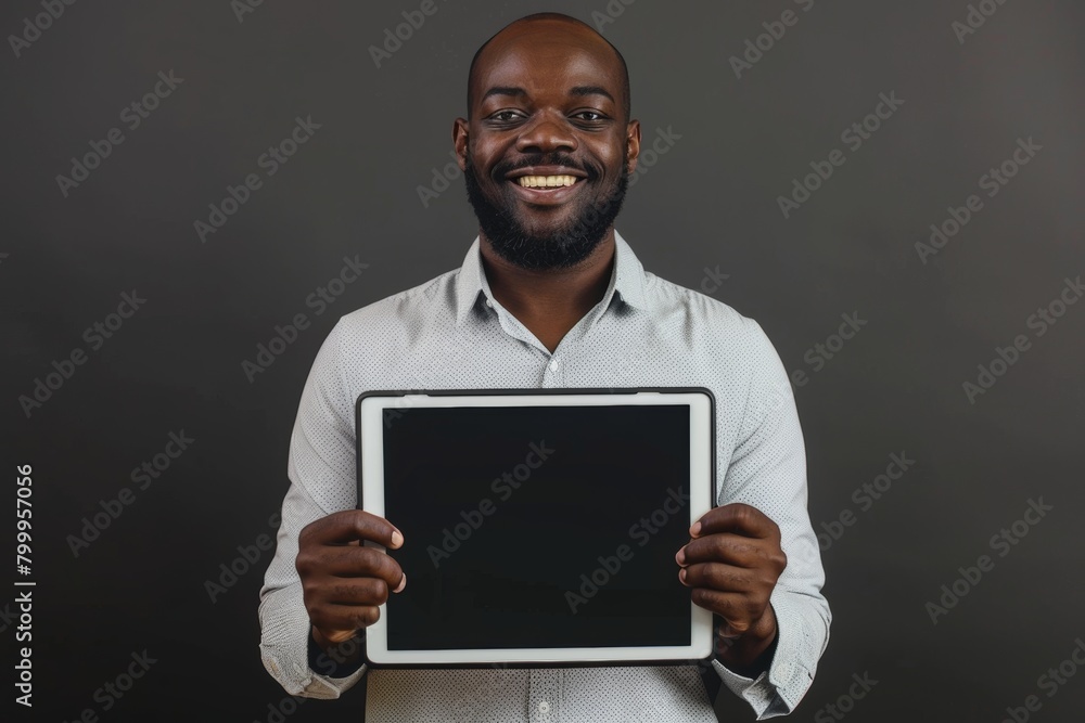 Application mockup afro-american man in his 40s holding a tablet with an entirely grey screen Application mockup afro-american man in his 40s holding a tablet with an entirely grey screen