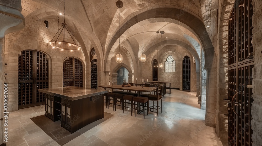 Gothic cathedral-inspired wine cellar with stone arches, vaulted ceilings, and wrought iron wine racks.