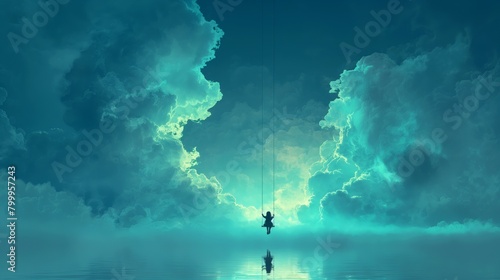 Person swings over tranquil water, under a serene sky