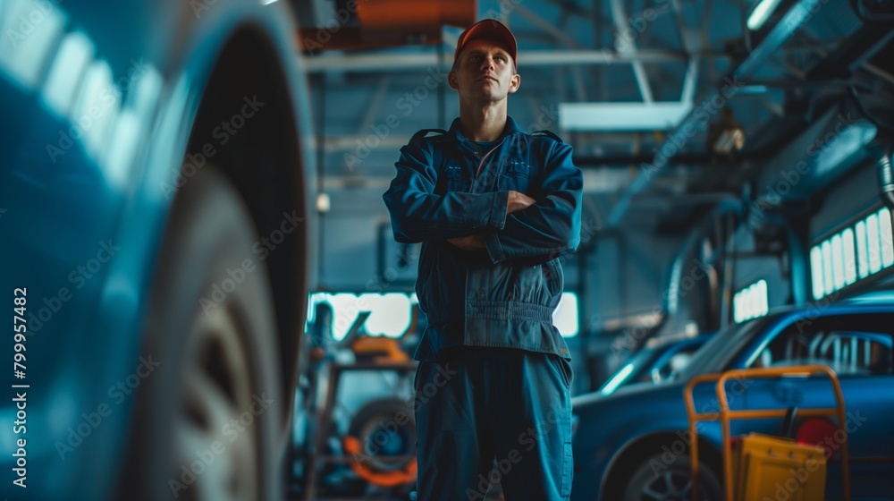 Confident auto mechanic standing with crossed arms in a well-equipped garage.