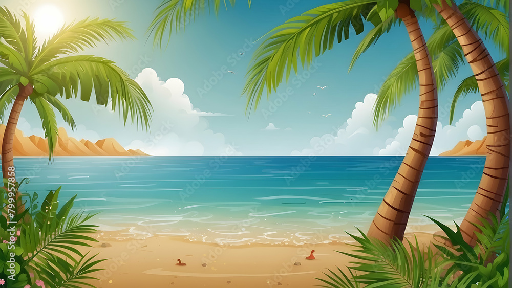 Sandy tropical beach with palm trees. Summer background. Caribbean vacation background