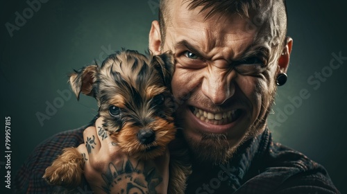 Tattooed man with a fierce expression holding a cute, tiny Yorkshire Terrier puppy close to his face.