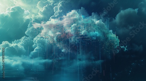 A pixelated cloud dissolving into a rain of data, representing the ephemeral nature of cloud storage photo