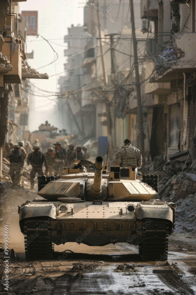 An Military tank M1 Abrams providing support for infantry troops advancing through a hostile city Soldiers take cover behind the tank An Military tank M1 Abrams providing support for infantry troops advancing through a hostile city Soldiers take cover behind the tank