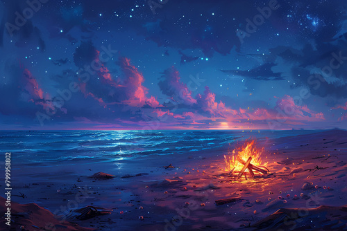 A cozy beach bonfire, with marshmallows roasting and laughter filling the air.
