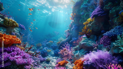 beautiful sea ocean landscape background with coral reefs, anemones, turtles, clown fish, nemo. Deep blue sea with big whale