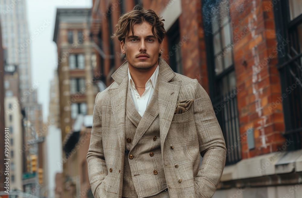 Obraz premium A fashionable young man in sophisticated attire poses in an urban setting with a confident stance