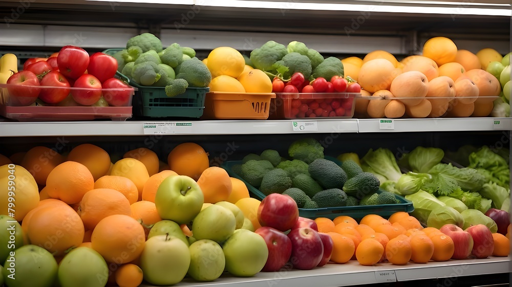 Fruits and vegetables on a supermarket's chilled shelf Fruits and vegetables on a supermarket's chilled shelf