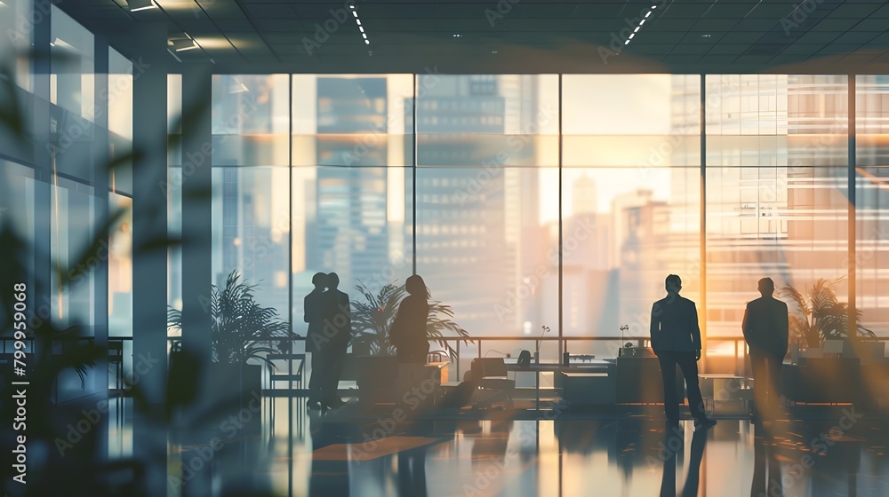 Coworkers Contemplating in Efficient Modern Office with Blurred City Backdrop Coworkers Contemplating in Efficient Modern Office with Blurred City Backdrop