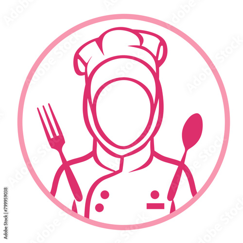 woman chef wearing a hijab holds a fork and spoon in a professional kitchen
