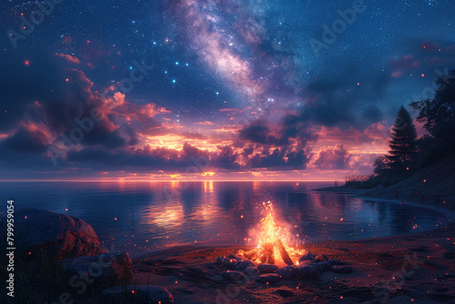 A cozy campfire on the beach  with friends gathered around under a starry night sky.