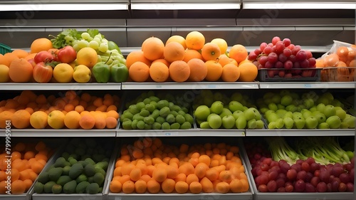 Fruits and vegetables on a supermarket s chilled shelf