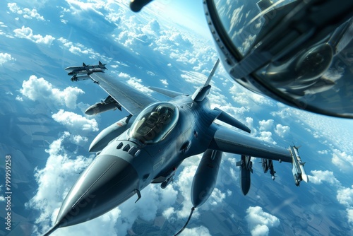 F-16 refueling mid-air from a tanker aircraft, vast cloudscape in the background photo