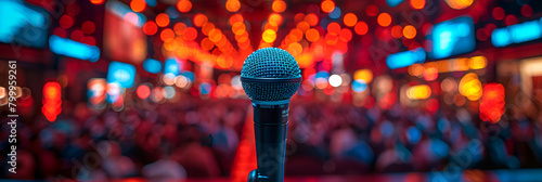 Live Comedy Show with Stage and Microphone, Close-up of a microphone in the concert hall Stage microphone with colorful lights 
