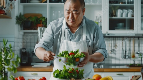 Mature Asian male in casual shirt and apron meticulously prepares a fresh green salad in a bright kitchen.