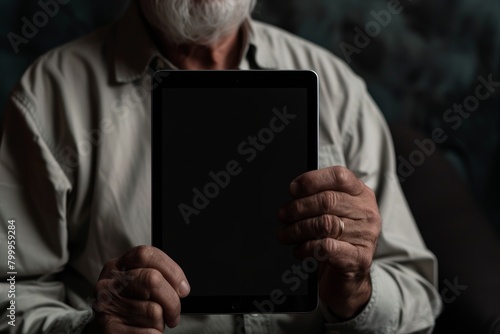App mockup man in his 60s holding a tablet with a completely black screen