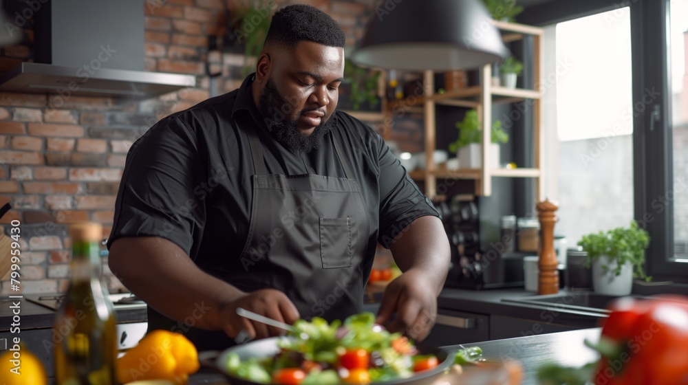 Focused fat Black chef preparing a fresh salad in a stylish modern kitchen. Focused fat Black chef preparing a fresh salad in a stylish modern kitchen.