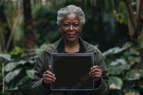 Application mockup afro-american woman in her 50s holding a tablet with a completely black screen